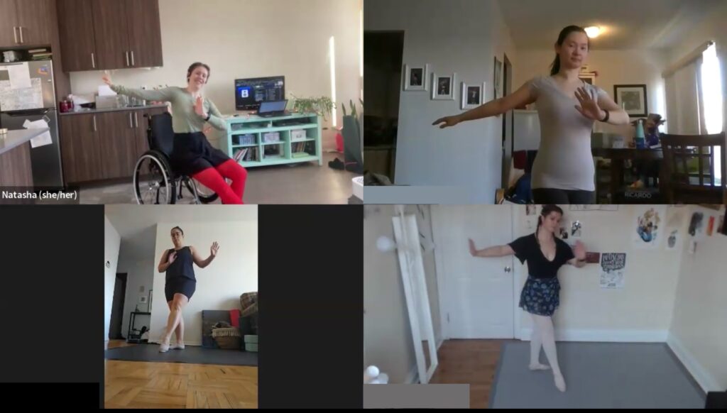 A Zoom ballet class. The screen is divided to show 3 dancers standing in tendu devant while Natasha demonstrates a seated version from her wheelchair.