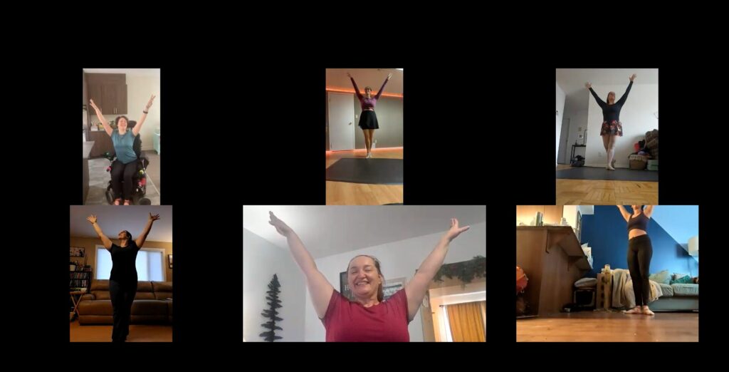 A Zoom screen shows six dancers in their homes, with arms up in a V-shaped "open fifth" ballet position. Natasha dances in her wheelchair, while the other dancers stand in various ballet positions.